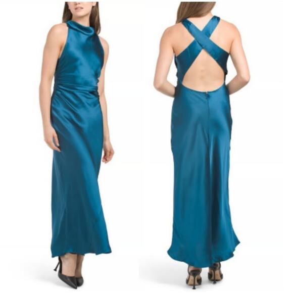 NWT House Of Harlow Cowl Neck Gown Women's Size XS Blue Cross Back Dress FLAWS - Picture 2 of 14